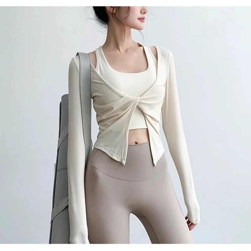 Spring Autumn Shockproof Fitness Clothes Women Long Sleeve Twist Layered Design Running Yoga Top with Chest Pad Gym Pullover