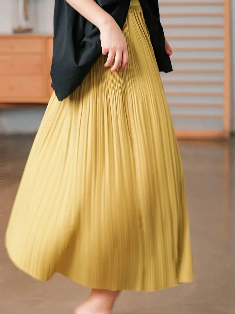 Spring Summer Women Pleated Chiffon Long Skirts Solid Color Bottom Female A Line Elasit Waist Skirt