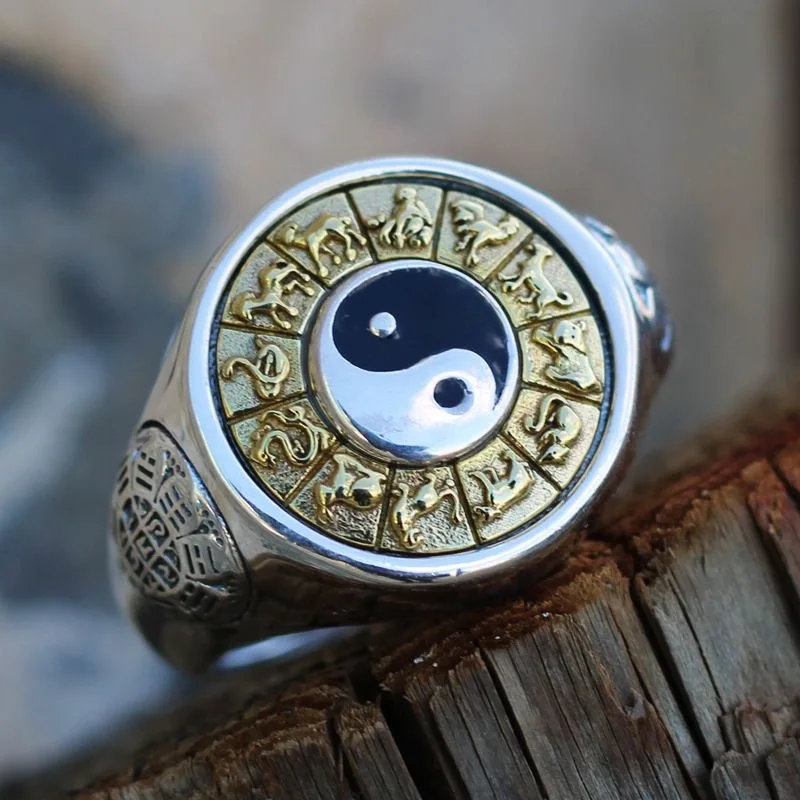 Classic Yin Yang Tai Chi Ring Zodiac Qian Kun Bagua Rotatable Adjustable Opening Finger Ring Lucky Auspicious Jewelry Gift