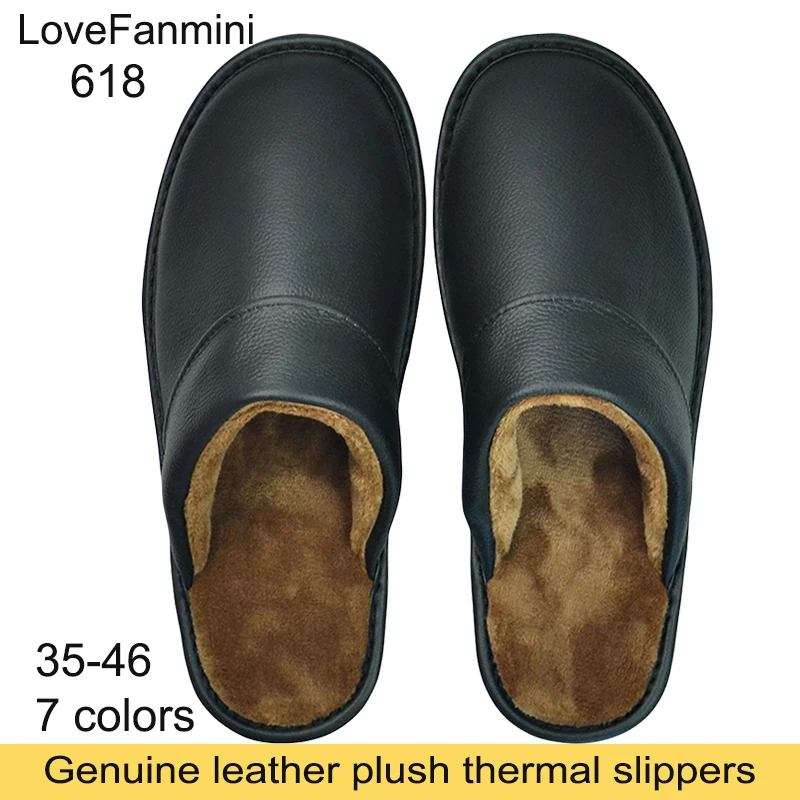 Genuine Cow Leather Slippers Winter plush flannel Homes in indoor slipper men women elderly non-slip casual warm shoe