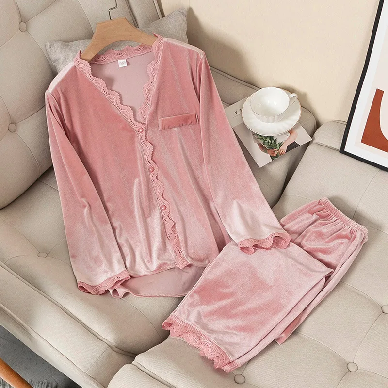 Autumn Velvet 2PCS Pajamas Set Sexy Burgundy Lace Sleepwear Intimate Lingerie Long Sleeve Trouser Suits Casual Velour Homewear