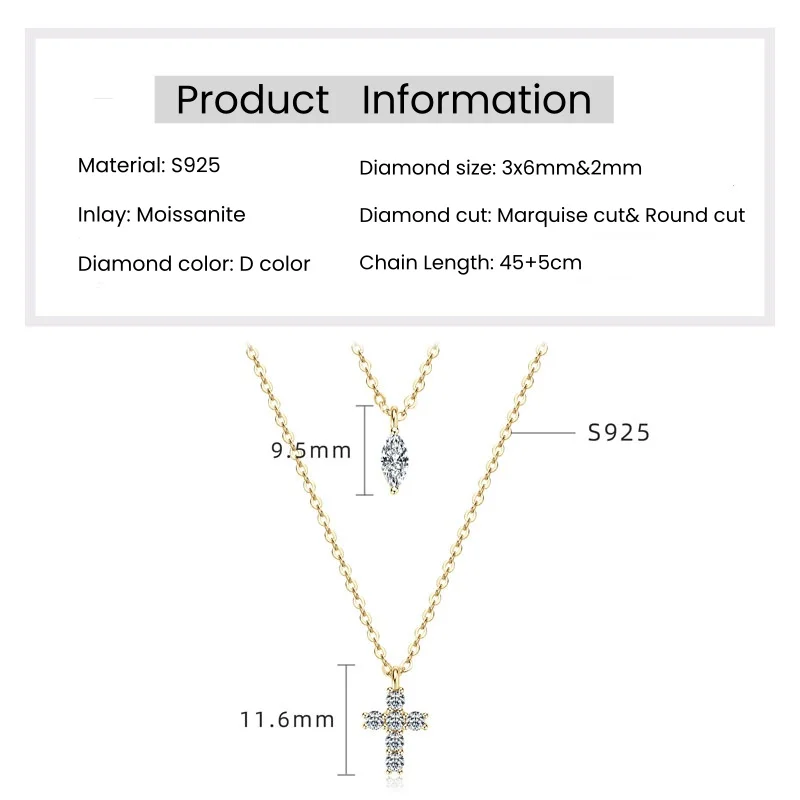 IOGOU 3x6mm&2mm Moissanite Cross Layered Pendant Necklace for Women 925 Silver Religion Double Collar Chain Fine Jewelry Gifts