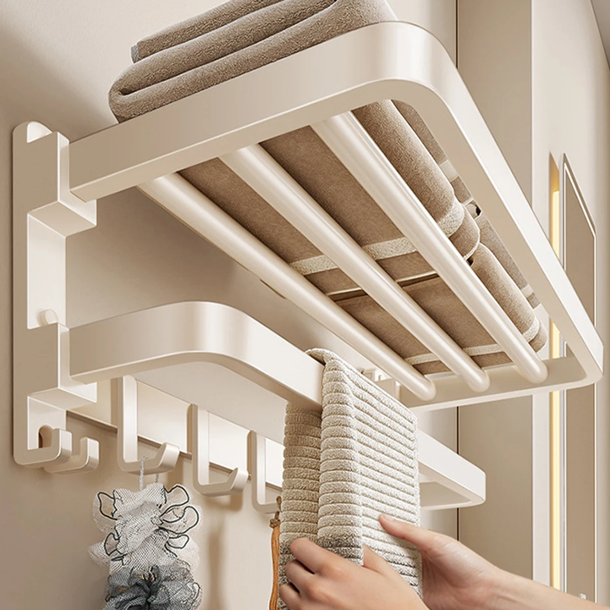 White Bathroom Towel Rack, Aluminum Wall Mounted Storage Shelf with Hooks, No Drill Space Saving Bathroom Organizer