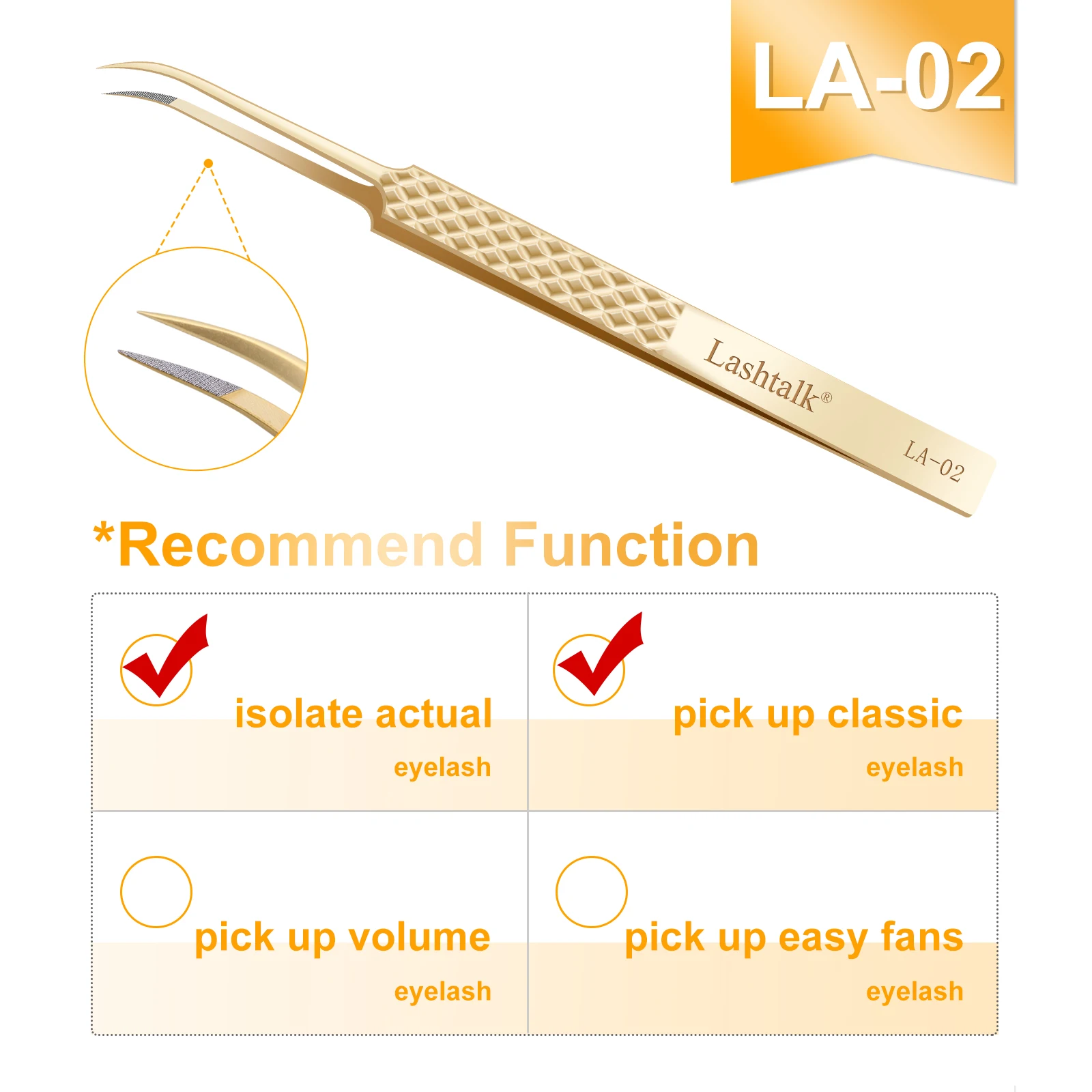 Lashtalk Precisie Fiber Tip Pincet Wimperextensies Diamond Grip Antislip Premium Goud Roestvrij Staal Make-up Met Box Pack