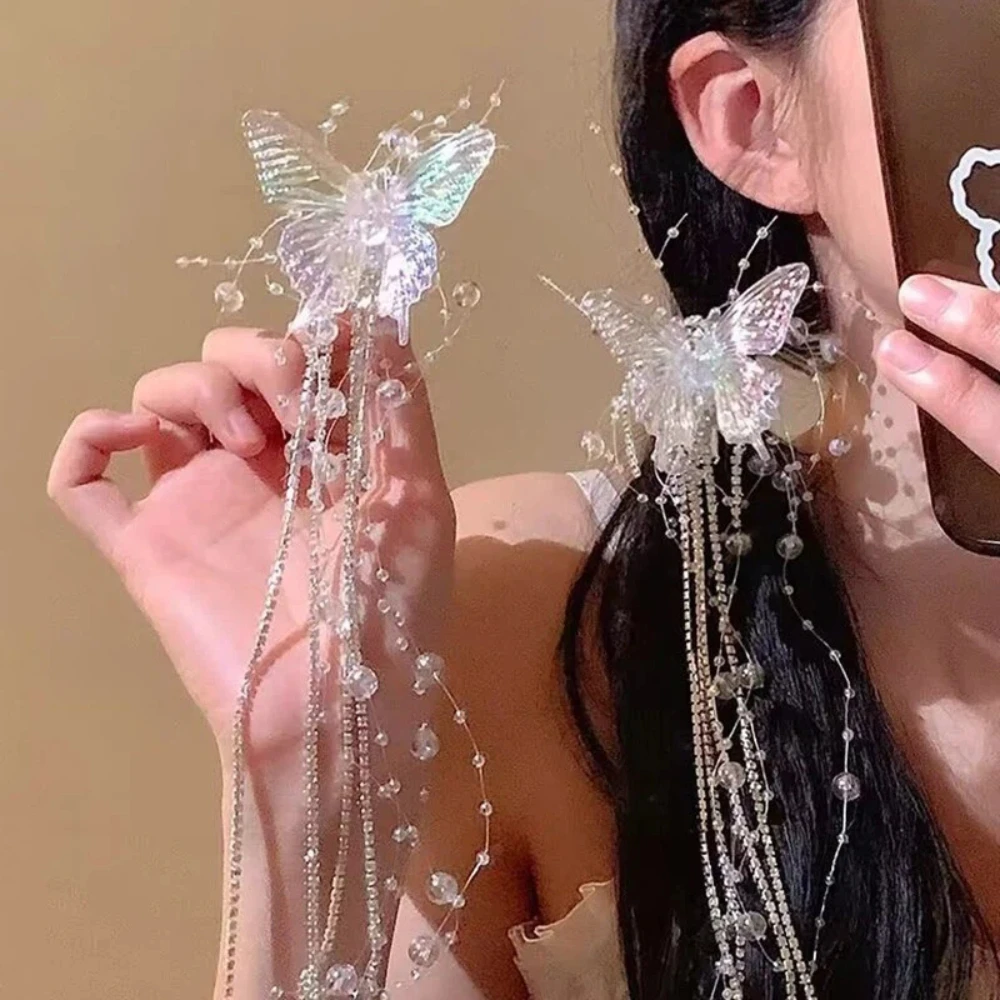 

Long Crystal Butterfly Bead Tassel Hair Clips For Women Shiny Luxury Headwear Side Bangs Double Ponytails Photos Accessory Gift