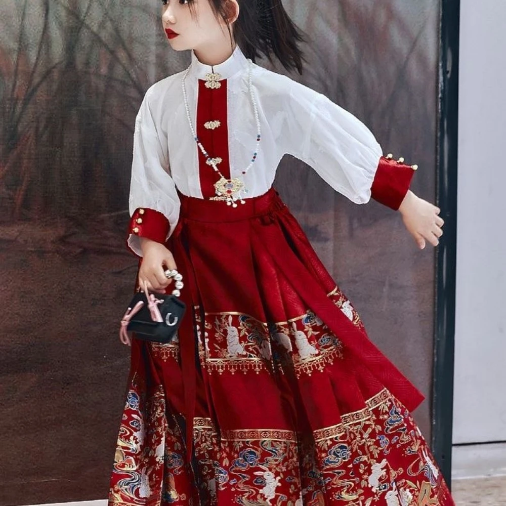 

Ancient Chinese Hanfu Girls' Improved Horse Face Skirt Chinese Tang Dynasty Ancient Girls' Set Children's Ancient Summer and Aut