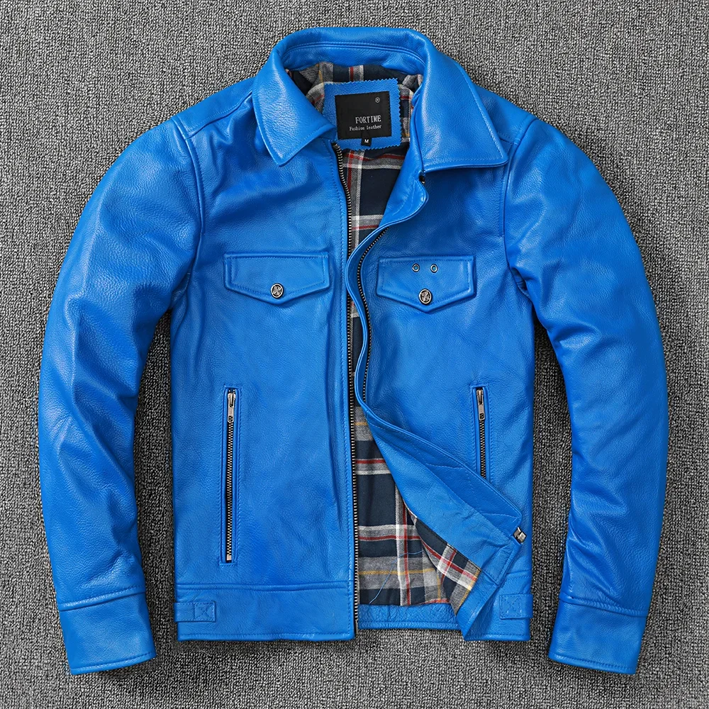 New Cowhine Leather Men Motorcycle Jacket Light Blue Slim Lapel Short Male Cow Leather Coat Spring Autumn Korean Style Clothes