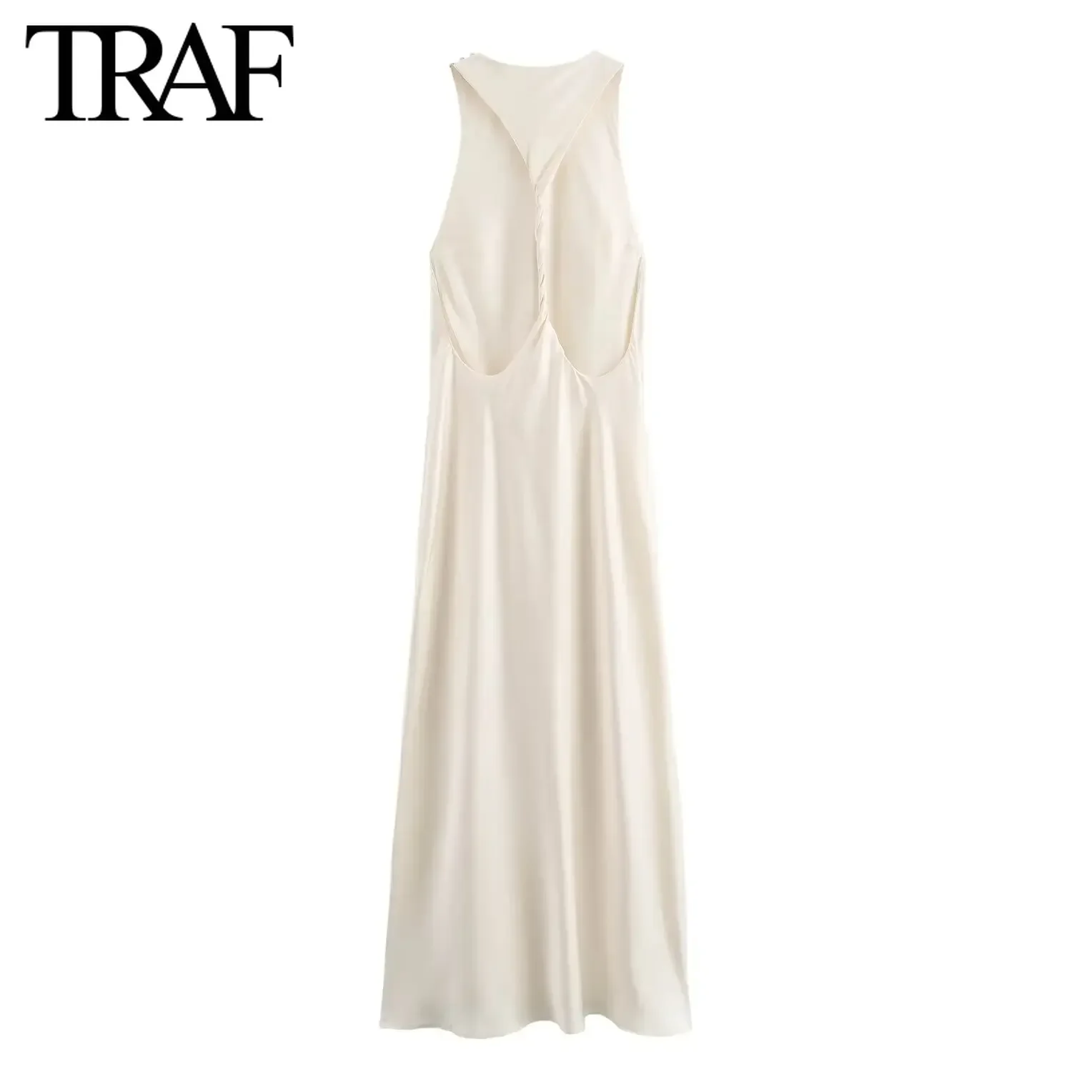 TRAF Women Fashion Summer New Round Neck Backless Satin Texture Sleeveless Long Dress French Chic Female Evening Clothing