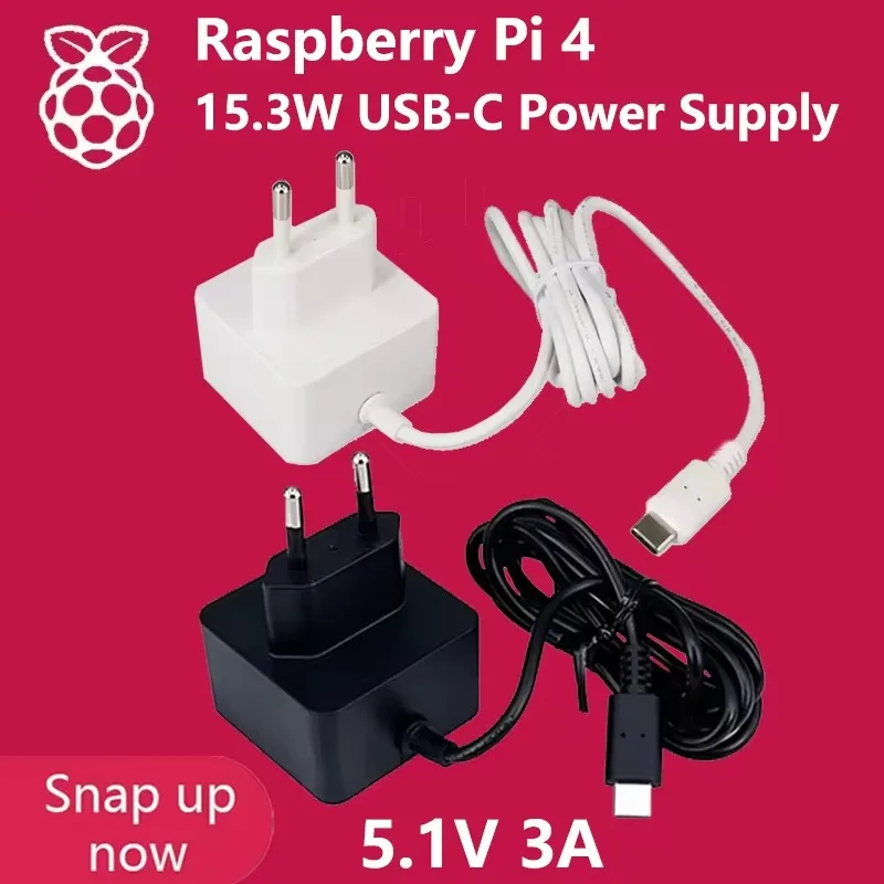 Raspberry Pi 15.3W USB-C Power Supply,US/UK/EU White Black Official and Recommended 5V3A type-C Power Adapter for Raspberry Pi 4