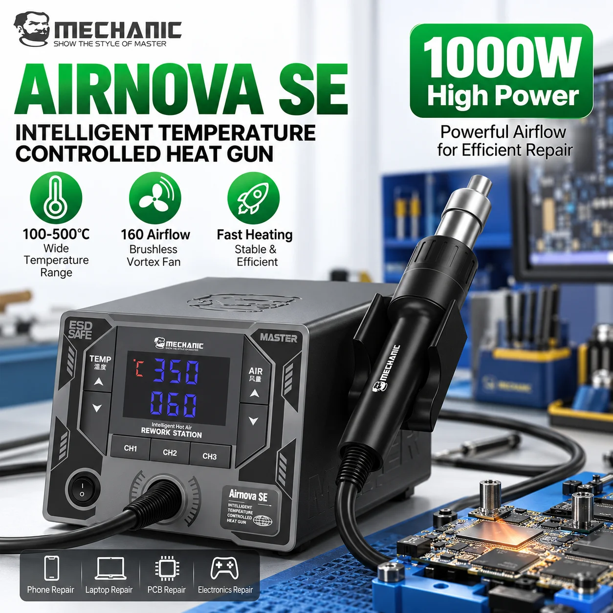 MECHANIC AirNova SE 1000W Hot Air Gun Brushless Fan 160 Level Airflow Control for BGA IC Chip Soldering Rework