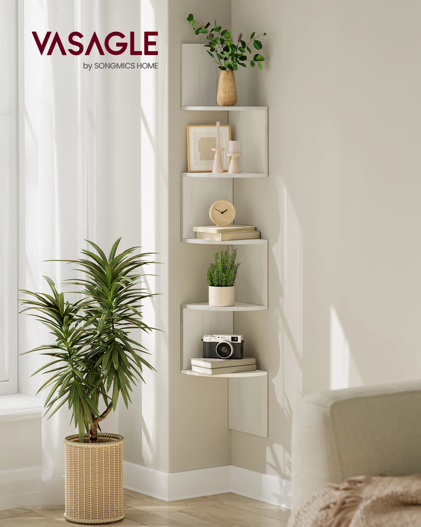 

Угловая настенная полка VASAGLE, 5-ярусная плавающая угловая книжная полка, полка для растений для спальни, гостиной, ванной комнаты, домашнего офиса