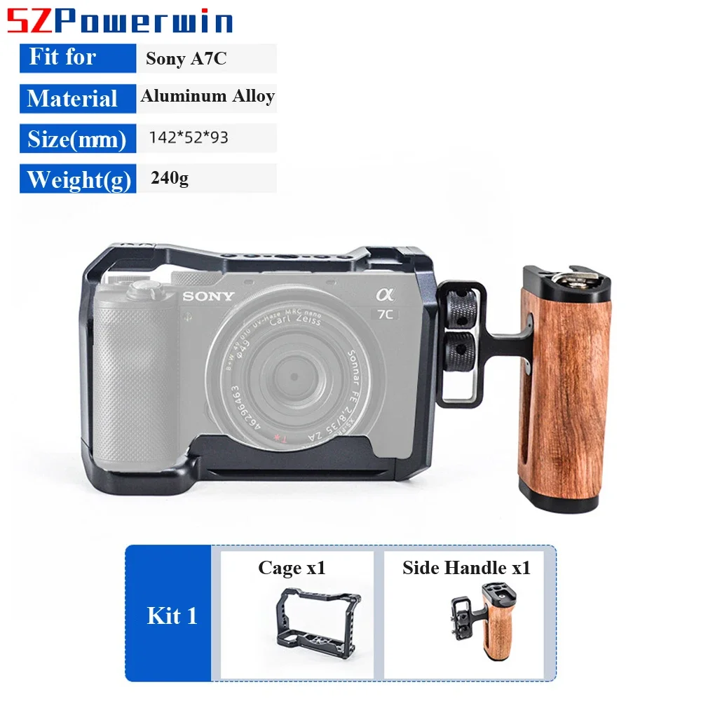 Powerwin For Sony A7C Camera Cage with wooden Handgrid Handle Kit Aluminum Alloy Multifunctional Arri Locating Screw