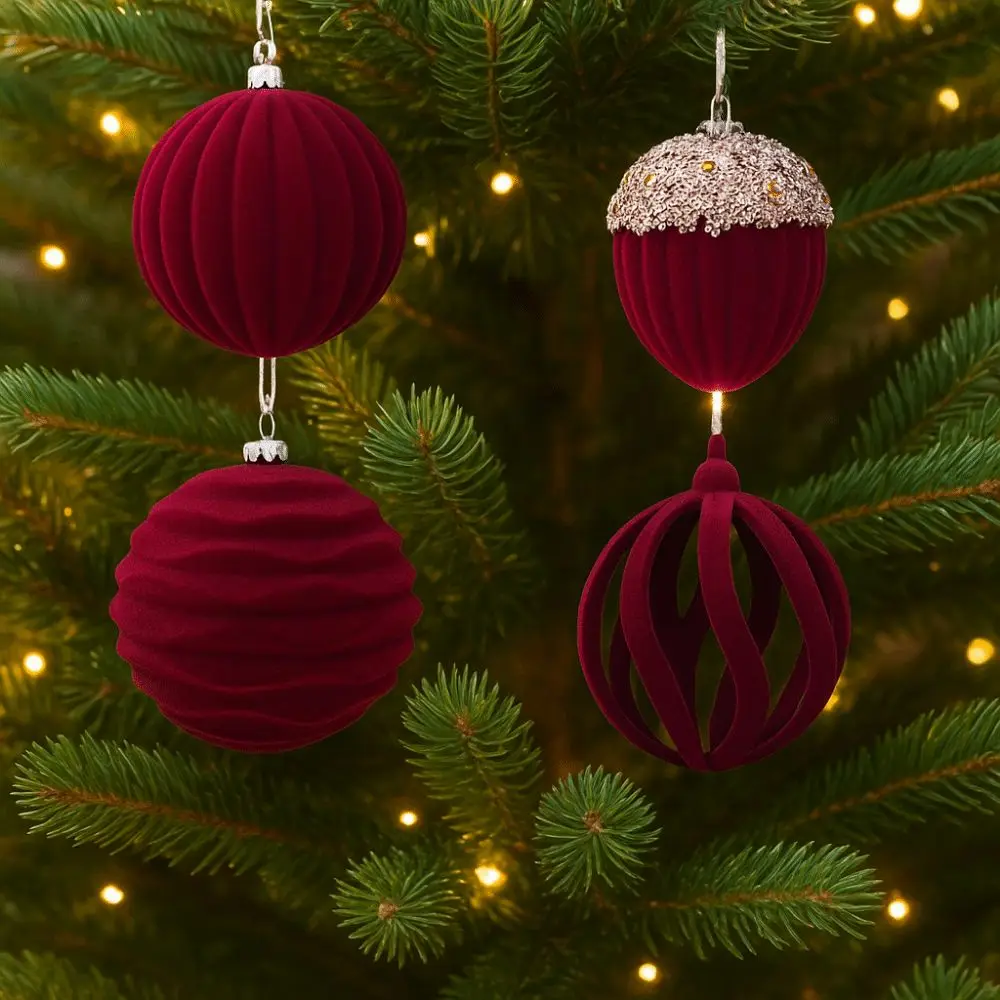 

4pcs Flocked Velvet Christmas Ball Delicate Shatterproof Christmas Tree Pendant Decorative Xmas Hanging Ornament Shop