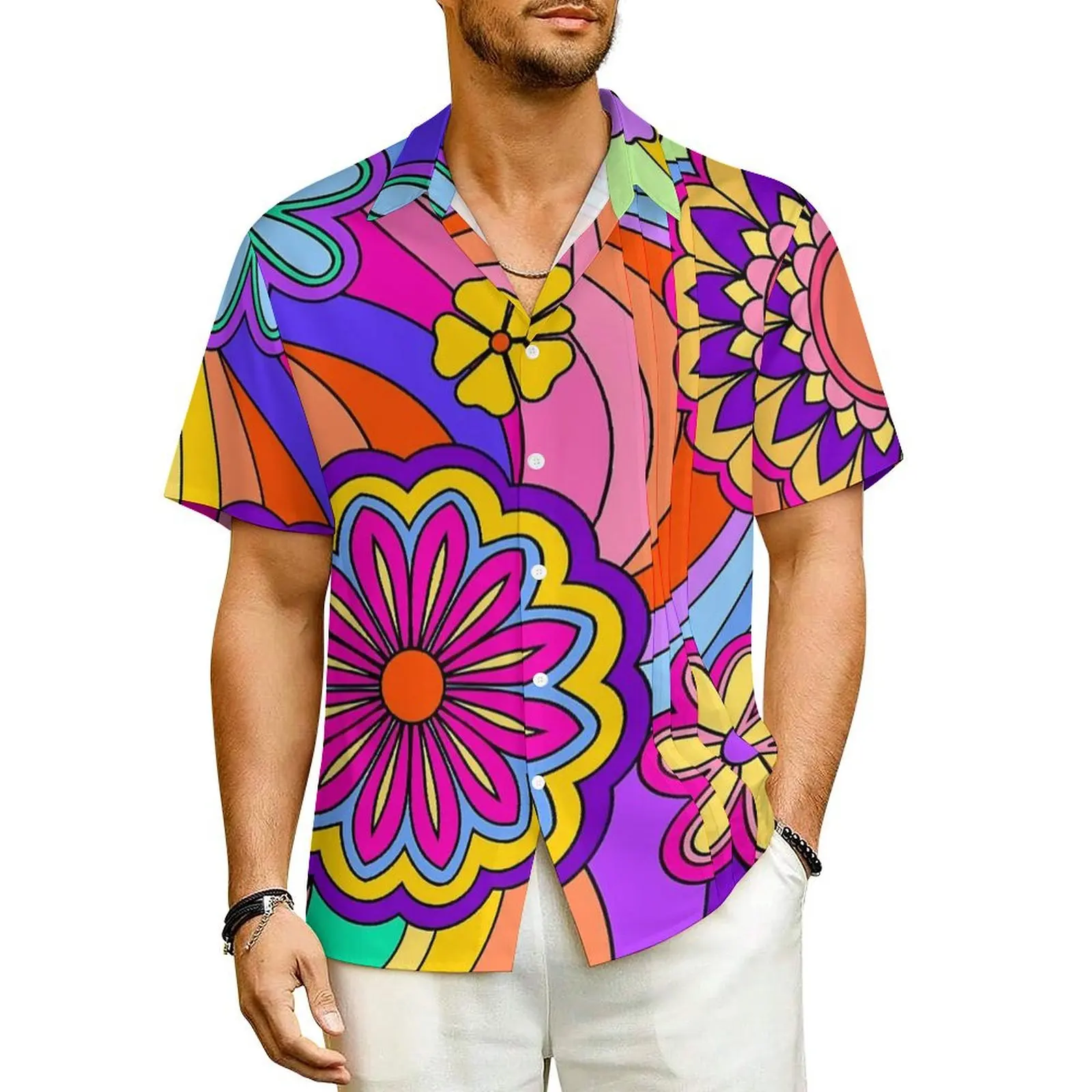 

Retro Flower Power Hawaii Shirt Man Vacation Psychedelic Print Casual Shirts Short Sleeve Street Design Loose Oversize Blouses