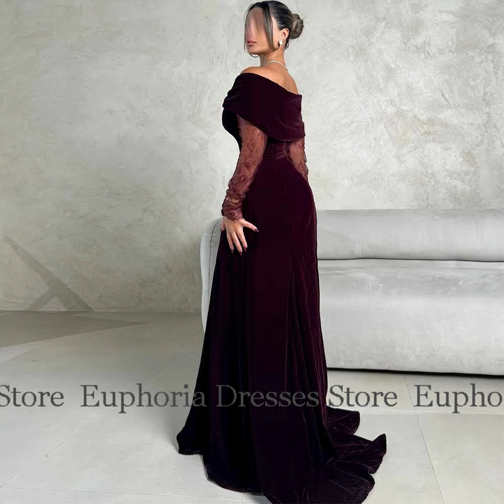 Vestidos modernos para ocasiones especiales, vestido de noche acampanado de terciopelo, vestidos de fiesta plisados de encaje con hombros descubiertos y burdeos para mujer largos