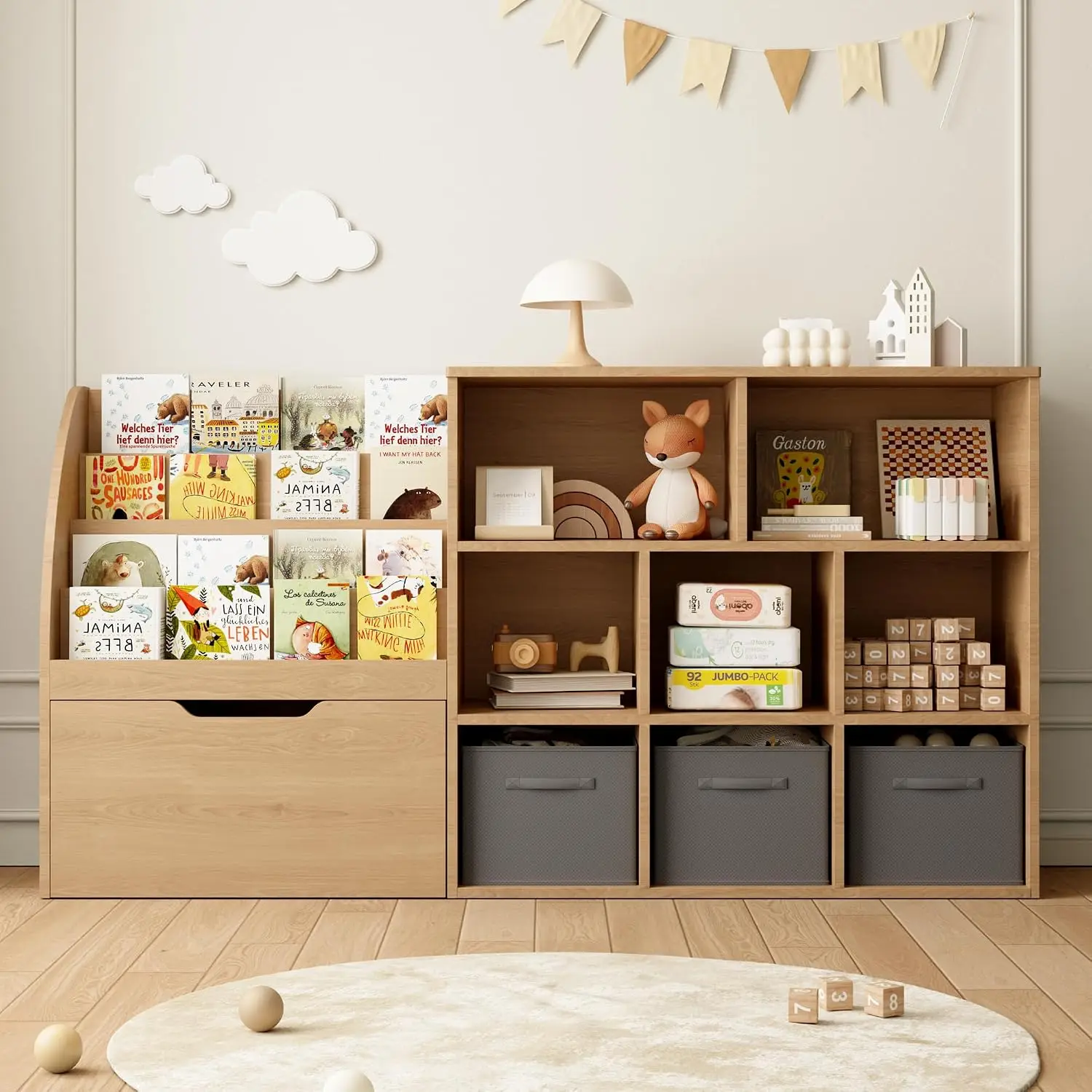 Kids Bookshelf and Toy Storage, Toy Storage Organizers with Movable Drawers & 3 Storage Bins, Kids Reading Nook Toy Organizers Shelf with 5 Cubbies, Natral Wood