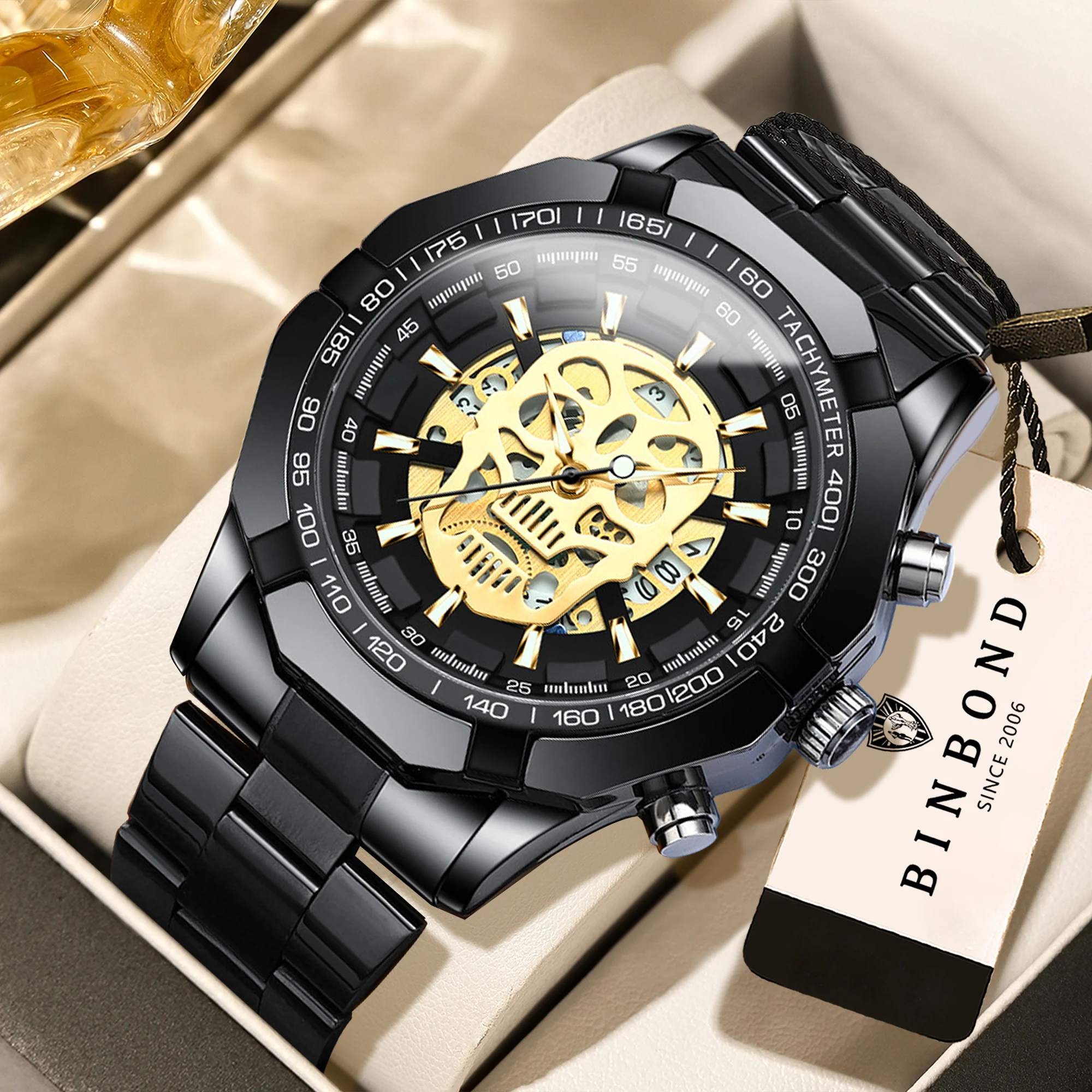 

BINBOND skeleton skull design precise quartz wristwatches for men luxury luminous waterproof auto date men's watch sturdy reloj
