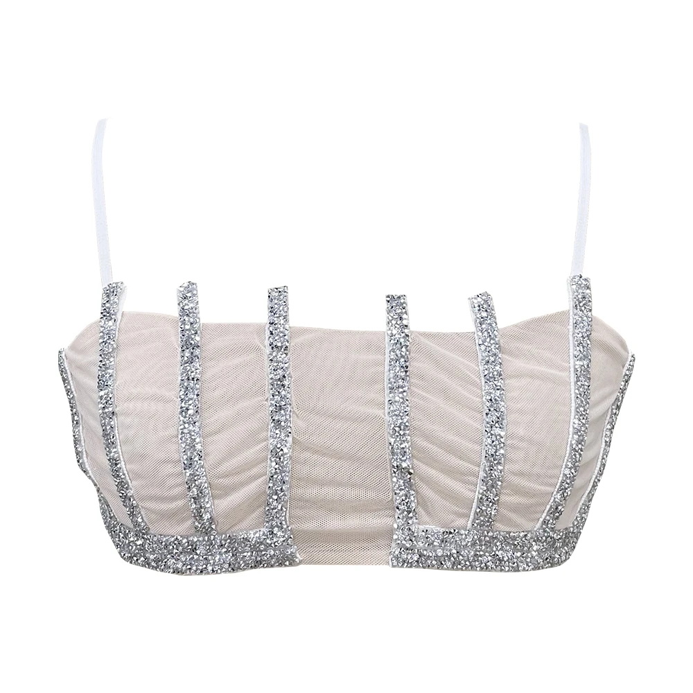YOUR BUMP CURVE See-through hollow diamond decoration mesh tight wrap chest ultra-short top sexy woman dinner red carpet
