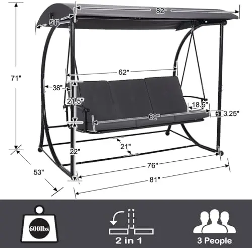 Modern Patio Swing with Adjustable Canopy, 2 in 1 Porch Swing Bed with Removable Cushion, Outdoor Swing Bench with