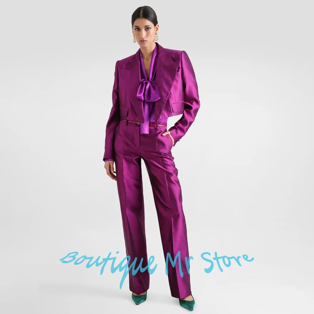 

Women’s Bright Purple Satin Suit Two Piece (Jacket+Pants) Set Elegant Blazer for Formal Party Business Office Cocktail