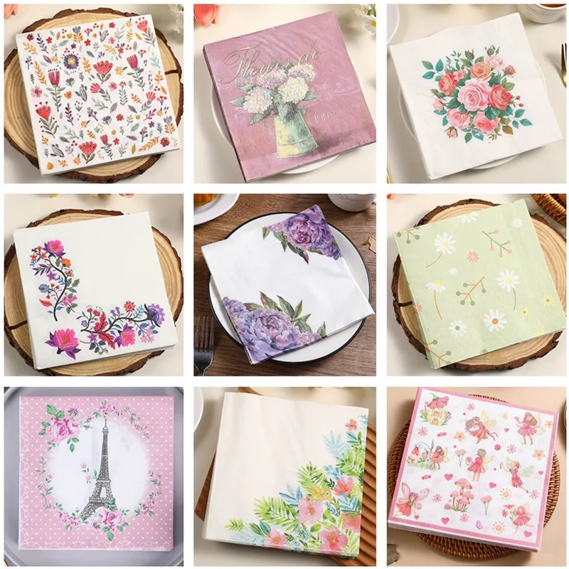 

20pcs/pack Flower Paper Napkins Cocktail Wedding Birthday Party Decoration 2-Ply Square Dinner Napkin