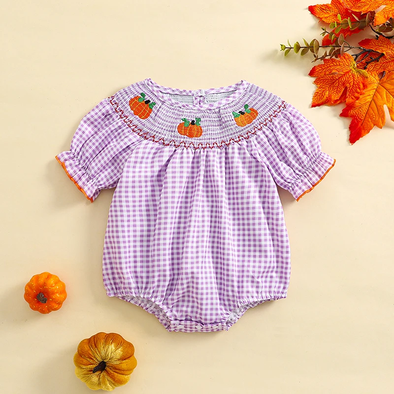 Baby Halloween Fall Romper Pumpkin Embroidered Plaid Short Sleeve Round Neck Ruffled Jumpsuits