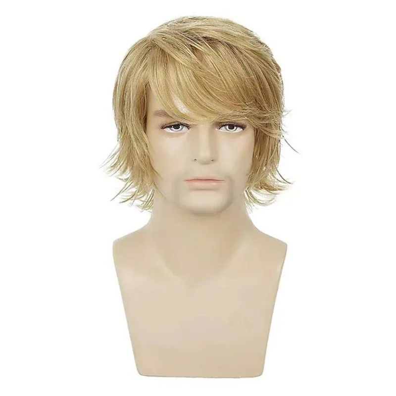 Perucas de onda sintética loura longa, Cabelo inchado para homens jovens, Cosplay de Rock, Festa, Fofo, Boate, Perucas de Bar