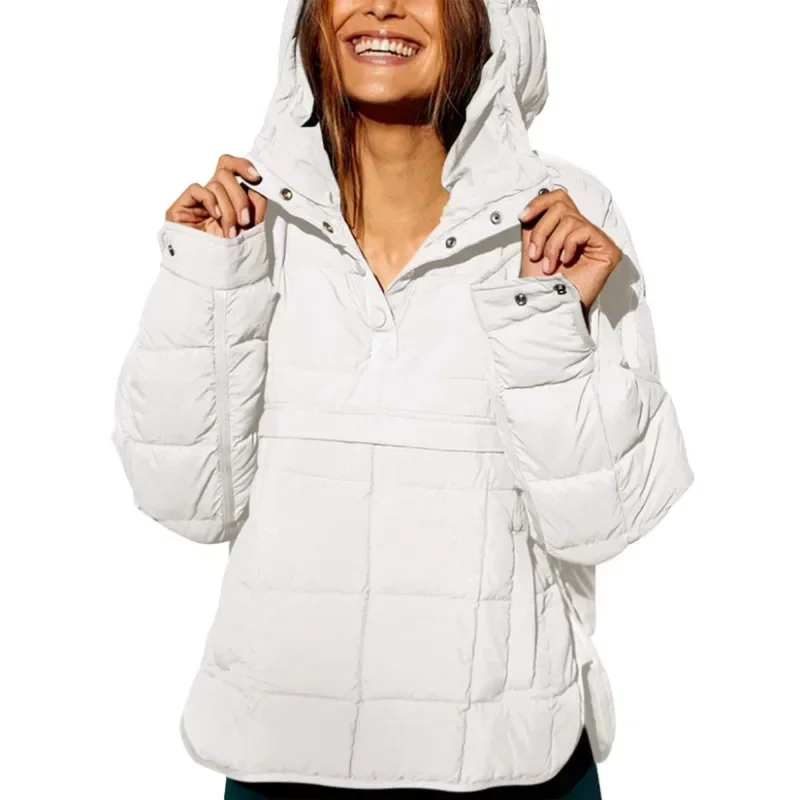 Women's Fall and Winter Solid Color Hooded Padded Jacket Foldable with Large Pockets and Long Sleeves Casual Jacket