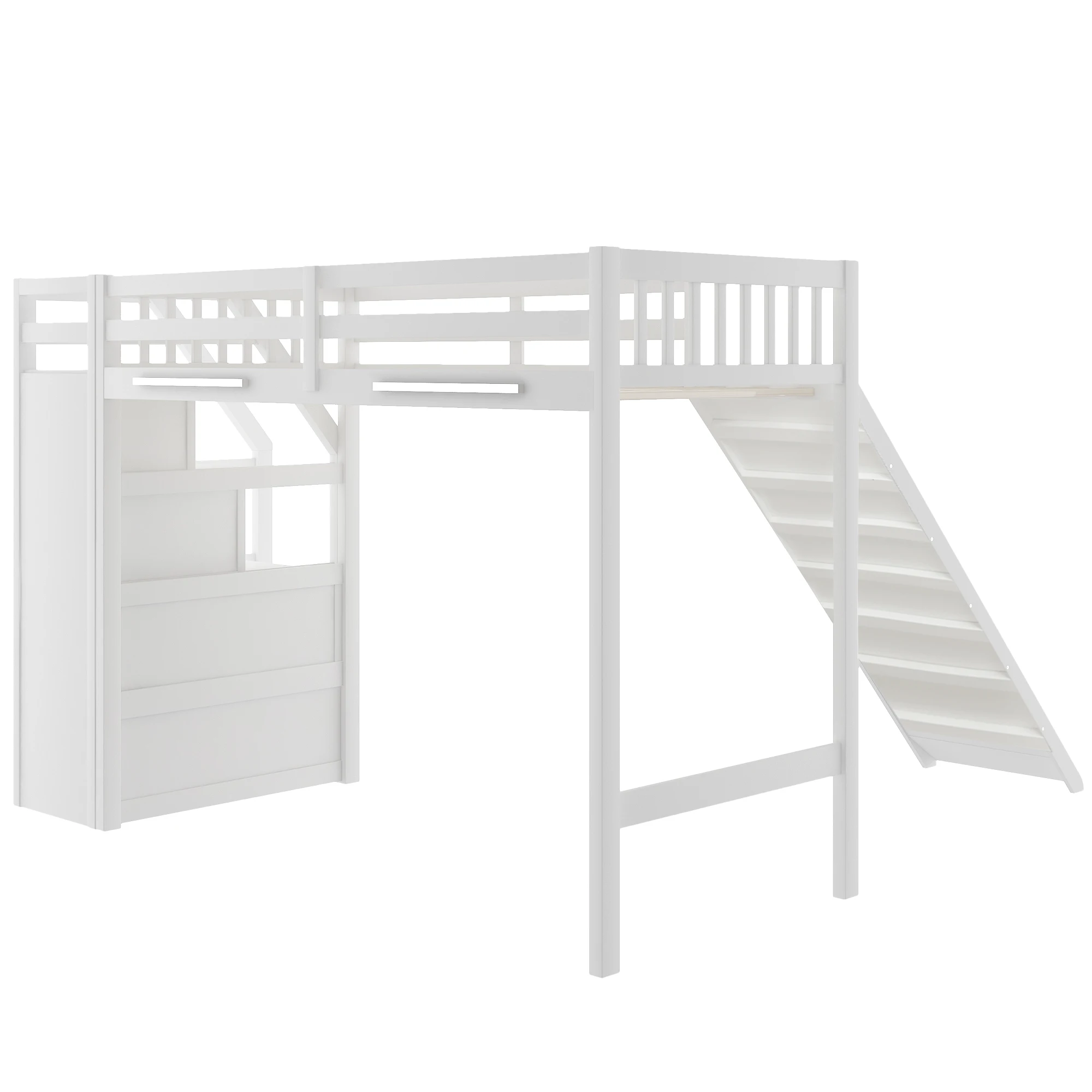 Lit Loft jumeau avec rangements et toboggan, blanc