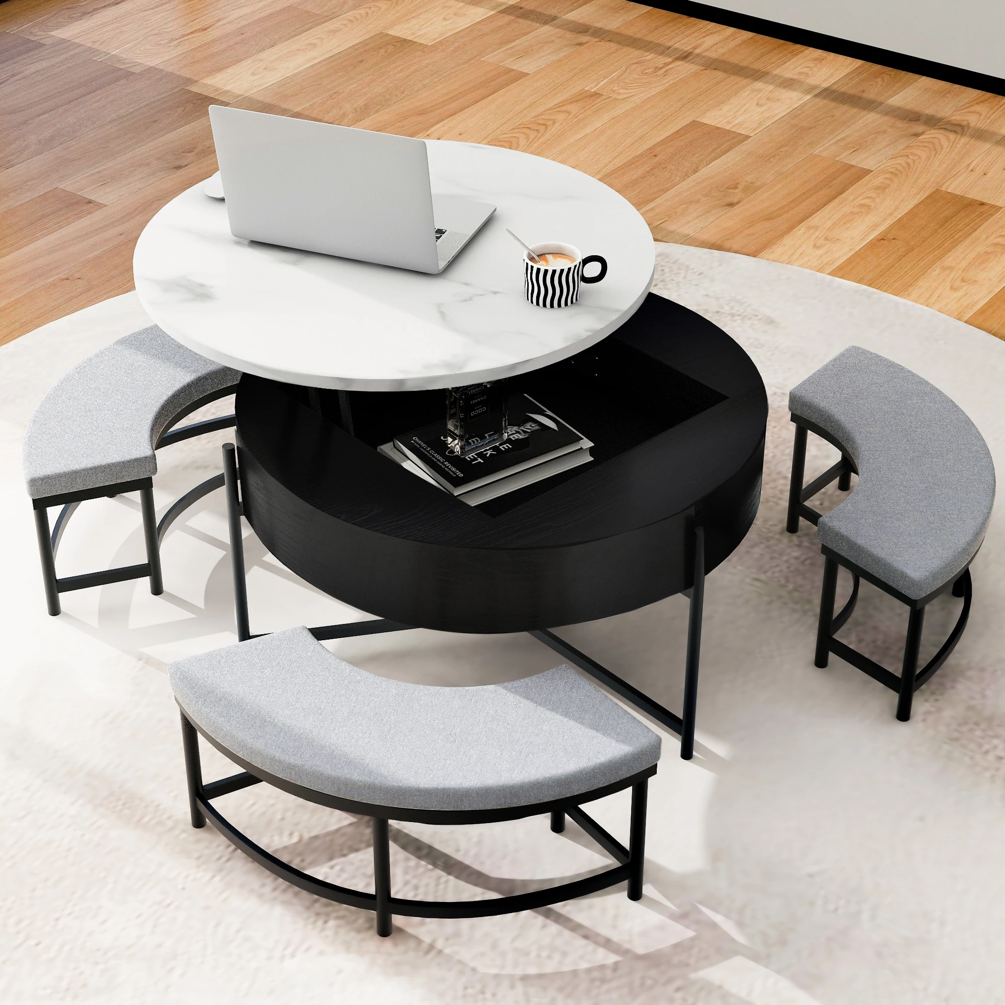

"Modern Round Lift-Top Coffee Table w/Hidden Storage & 3 Ottomans - White/Black for Living Room"