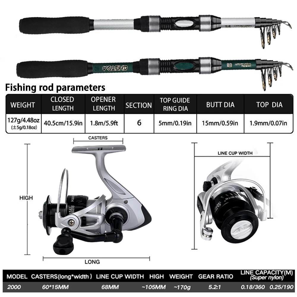 1.8M Carbon Fiber Short Telescopic Sea Fishing Rod with 2000 Series Spinning Reel with Line Hook Combo Protable Travel Full Kit