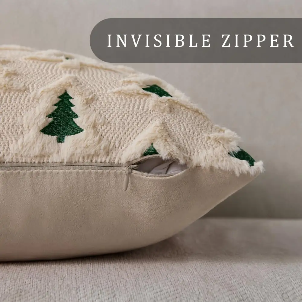 Green Christmas Throw Pillow Covers 18x18 Winter Christmas Tree Pillow Cases Faux Fur Decor Pillows for Home Patio Couch Sofa