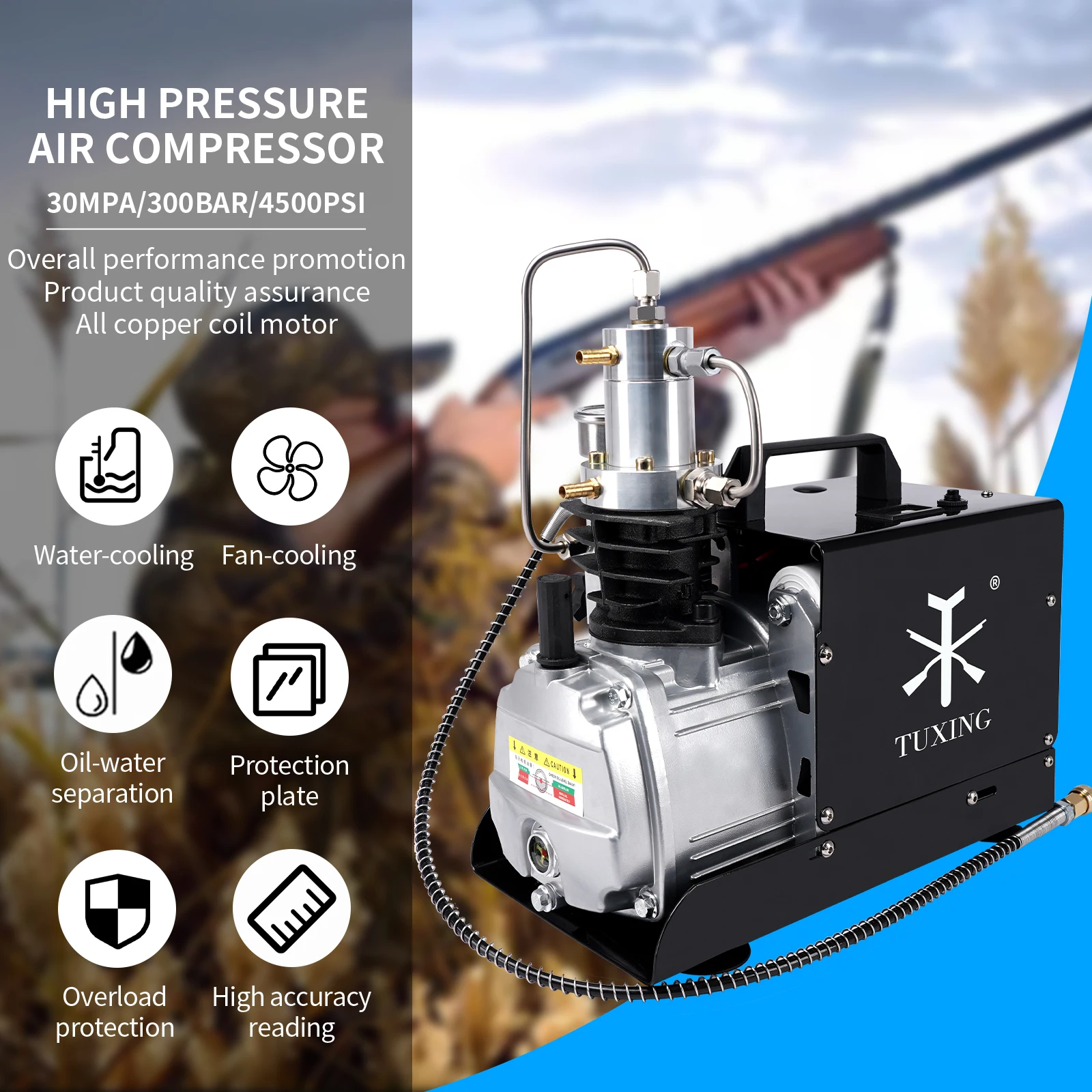 TUXING 300Bar High Pressure PCP Air Compressor with New Explosion-proof High-Pressure Cylinder Head for Inflator Scuba Airgun