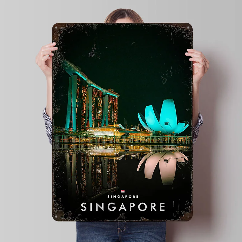 Singapore Nights Through the Lens Poster Customized Vintage Metal Signs Wall Art Retro Tin Plaque for Gaming Room Decoration
