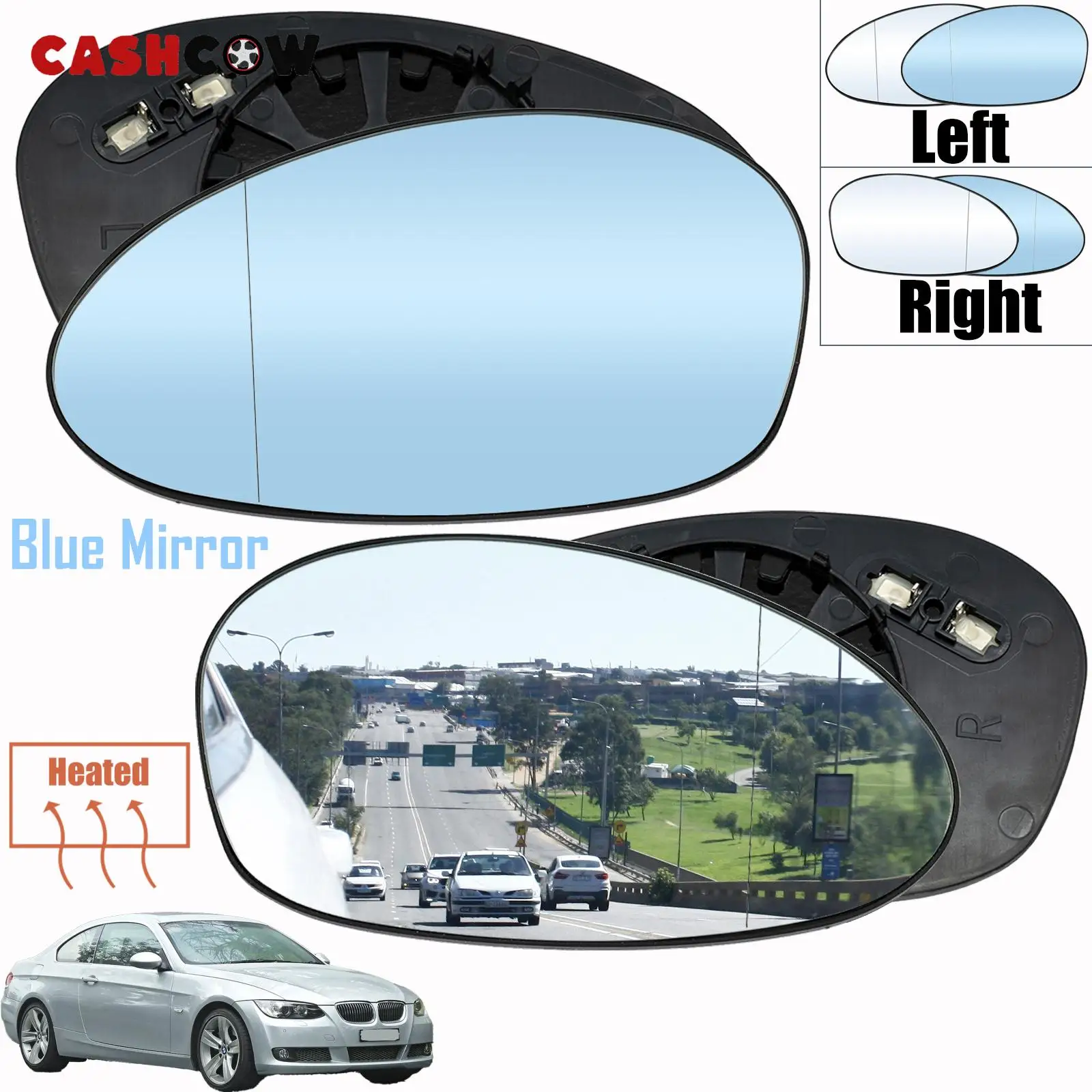 CASHCOW For BMW E90 E91 E87 E88 2004-2009 E46 Left + Right Side Heated Mirror Wing Blue White Mirror Rearview Wide Angle Auto