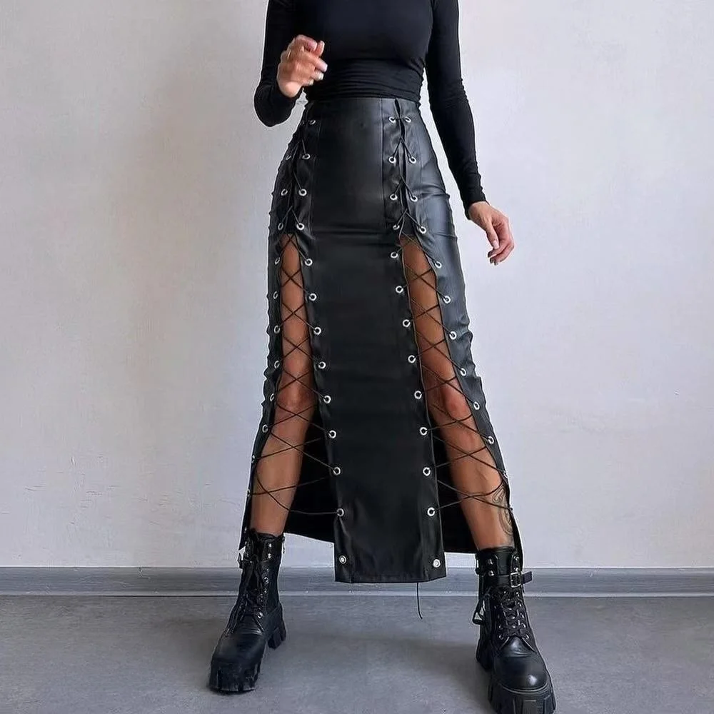 

Sexy Pure Color PU Leather f Skirt with Belt High Waist Straight Cut Long Skirt for Women Faionable Trendy Sle