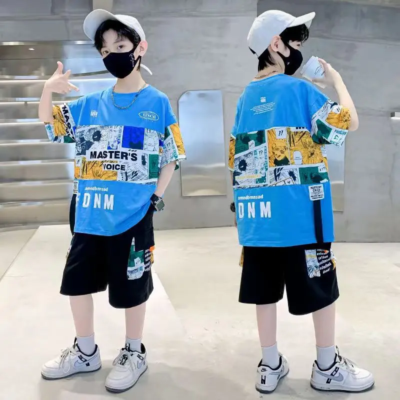 2024 summer Teenager Boys Clothes Casual Outfit Kids Tracksuit Child cartoon loose t shirt + shorts hot pant 4 7 8 10 12 11 Year