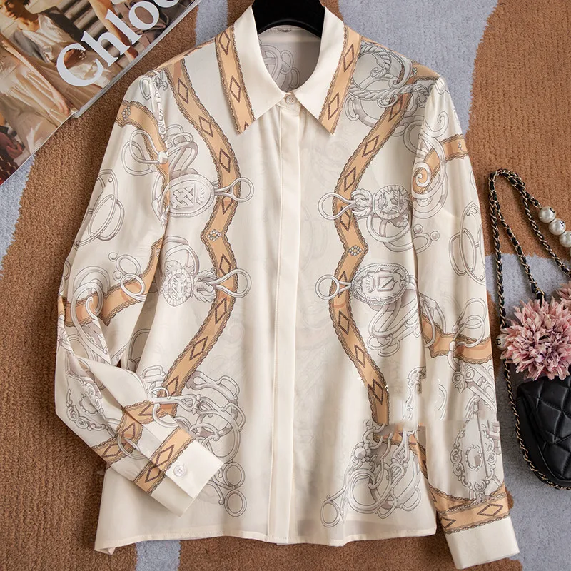 High Quality Polo Collar Positioning Chain Printed Silk Shirt Flip Collar Mulberry Silk Women\'s Shirt Blusa Luxo Blouses Tops