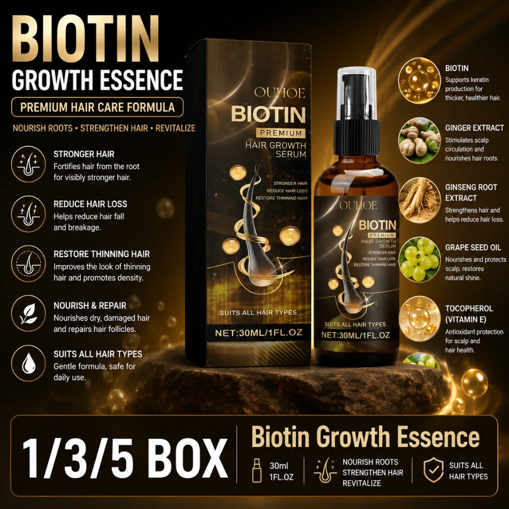 30ml Biotin Hair Growth Essence with Ginger Ginseng Grape Seed Oil Nourishing Scalp Serum for Thinning Dry Damaged Hair Care