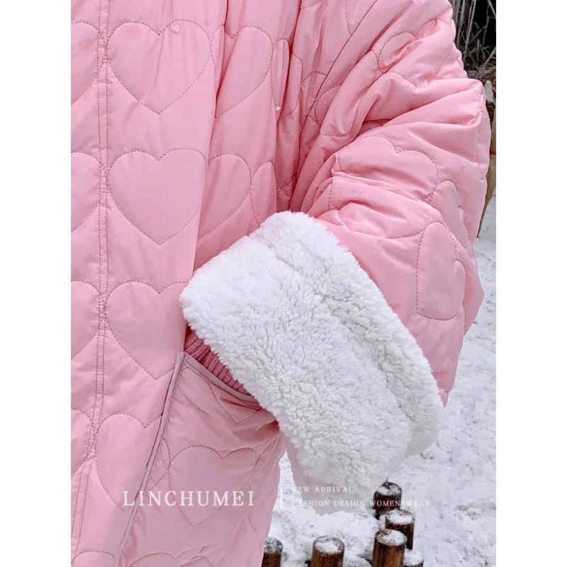 Korean Fashion Pink Long Cotton Jacket Women Winter New Super Loose Casual Sweet Love Heart Quilted Outerwear Large Pockets Coat