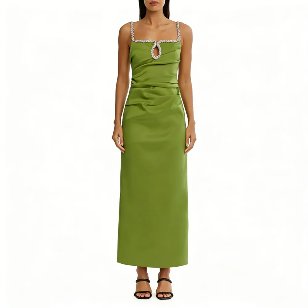 

Customized Luxury Sexy Pleat Rhinestone Straight Square Neck Ankle Length Evening Dresses Sizes Available Chinese Style Fashion