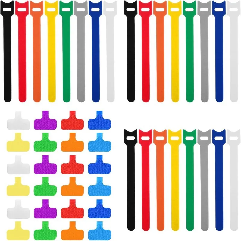 【48Pcs Cable Tie & Label Set】24 Nylon T-Type Hook Loop Straps + 24 Label Pouches, Reusable Wire Management Kit Computer, Desk