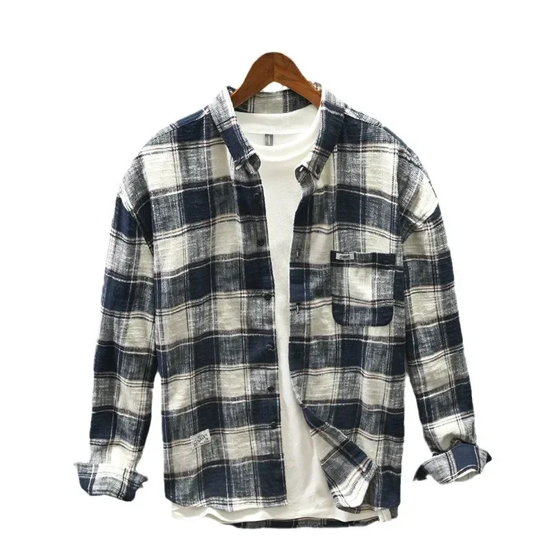 Wiosna Nowy Styl Męska Luźna Casualowa Koszula z Długim Rękawem w Kratę Retro Color Block Base Layer Coat Koreański Styl Modny