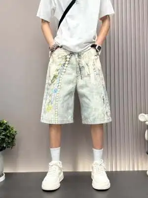 3D Candy Chain Print Baggy Jeans Shorts for Men Streetwear Summer Wide Leg Patchwork Casual Loose Knee Length Pants ﻿