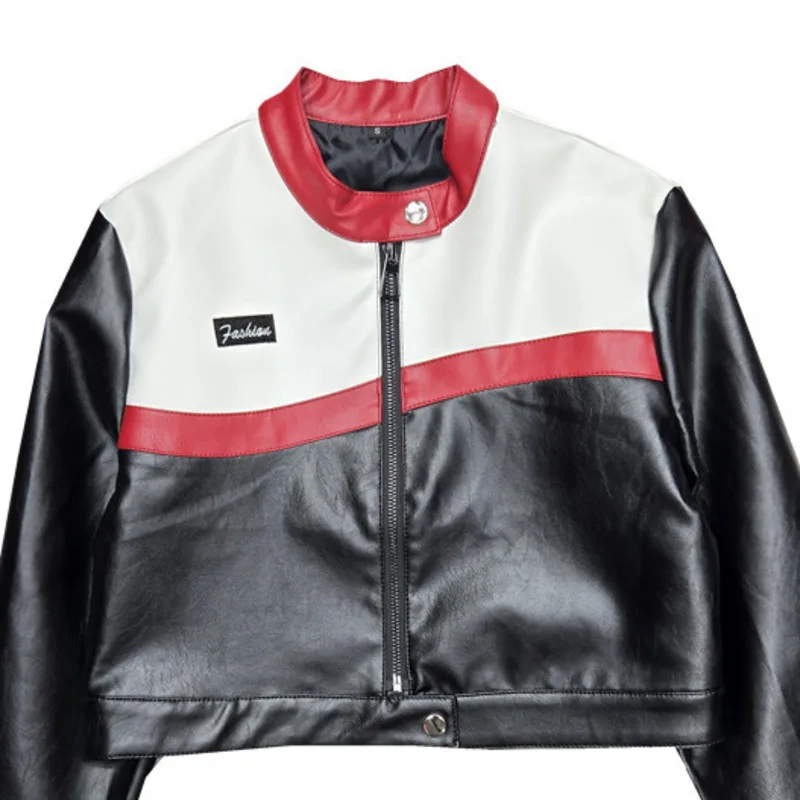 Kurtka damska skórzana w stylu baseballowym HKSH na wiosnę i jesień, kontrastowe kolory, patchwork, motocyklowa, krótka kurtka, zapinana na zamek, panelowa, model HK12774