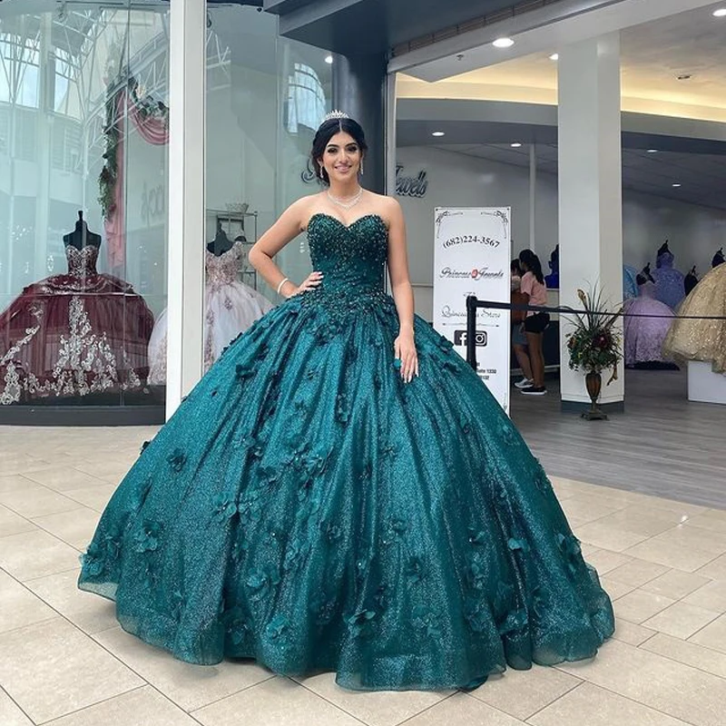 Lorencia Green Shiny Quinceanera Dress Ball Gown Beaded 3D Flowers Appliques Princess Sweet 16 Dress Vestidos De 15 Anos YQD234