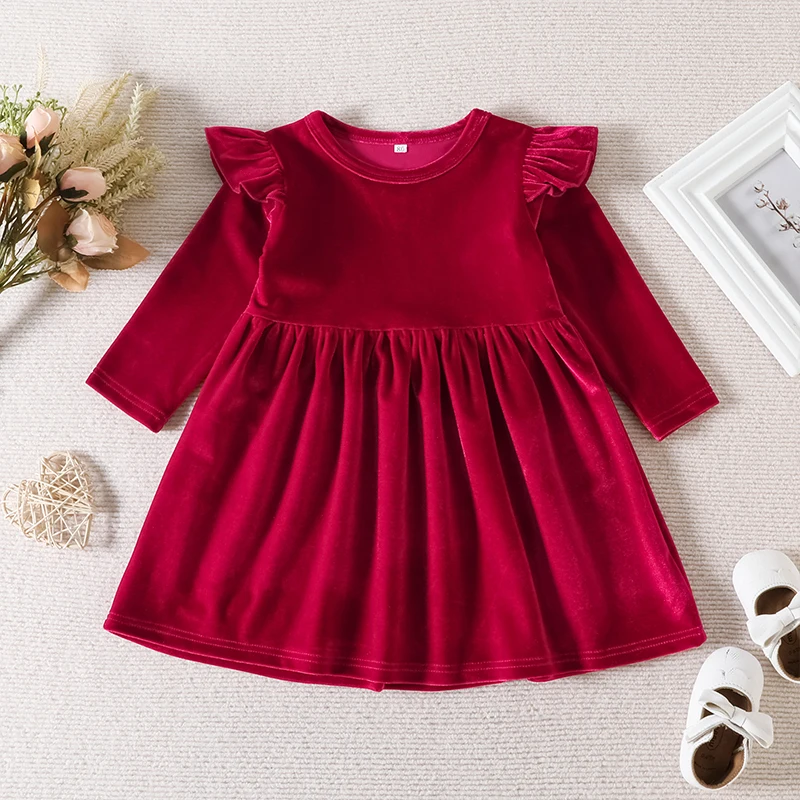 Autumn Solid Color Single-sided  Velvet  Dress for Baby Girls, Soft and Versatile Children\'s Wear, Suitable for Party