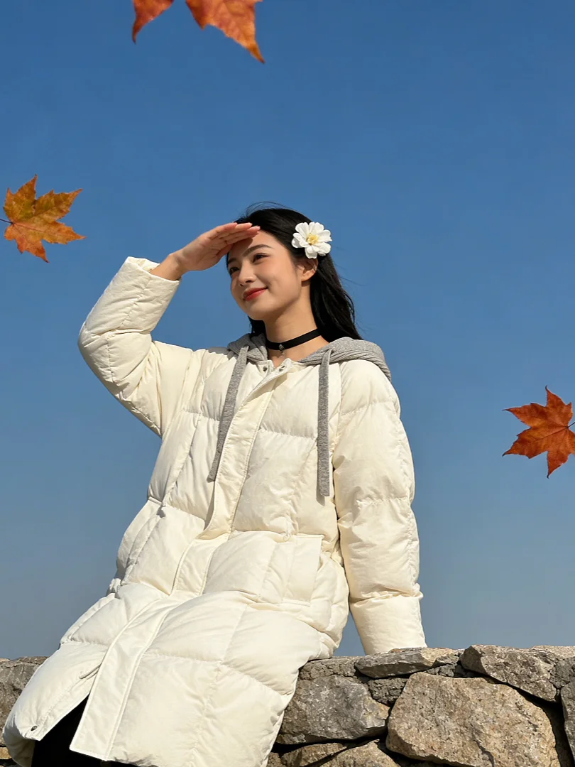 

Модное корейское утепленное хлопковое пальто-куртка на зиму, белое, с капюшоном, средней длины, удобное, свободного кроя, на молнии