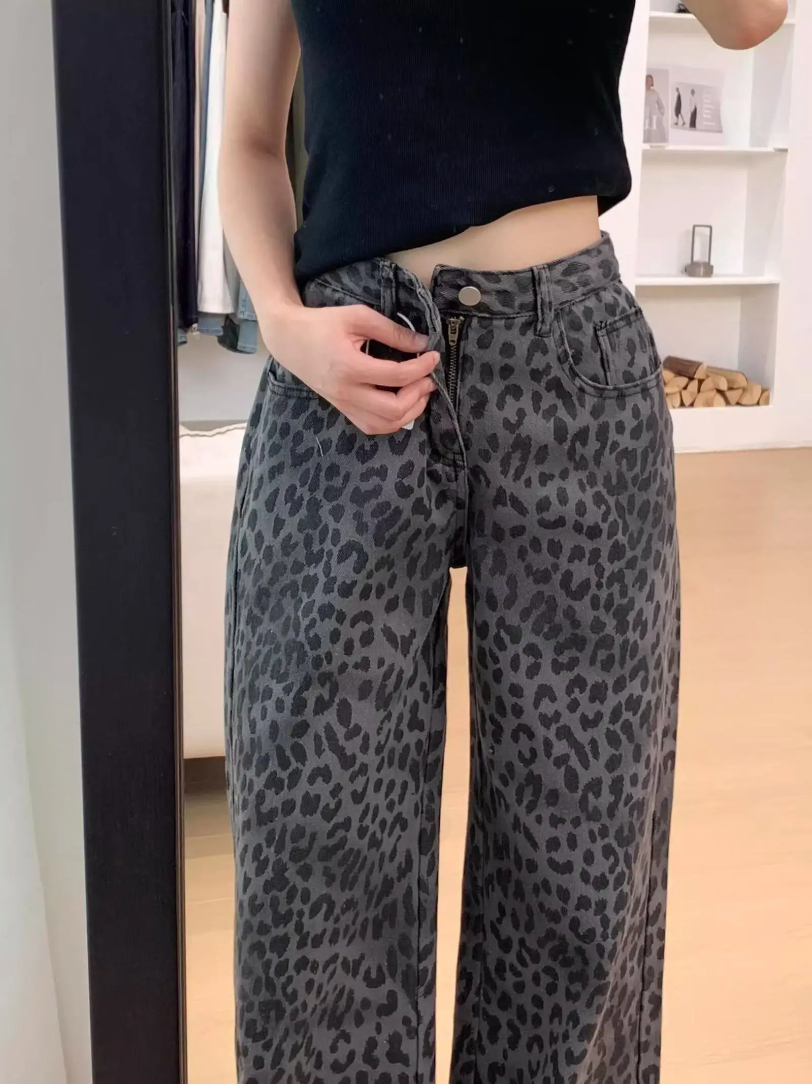 American Retro Leopard Print Wide Leg Jeans Women's High Waist Loose Fit Floor Length Pants Spring Autumn plus Size Slimming
