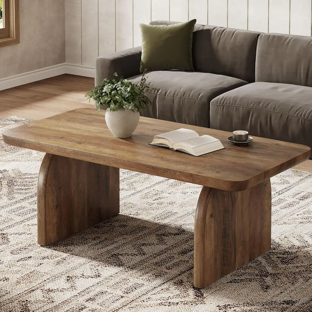 

47-Inch Farmhouse Rectangular Center Table with Rounded Corners, Mid-Century Modern Low Large Cocktail Tea Furniture, Easy Assem